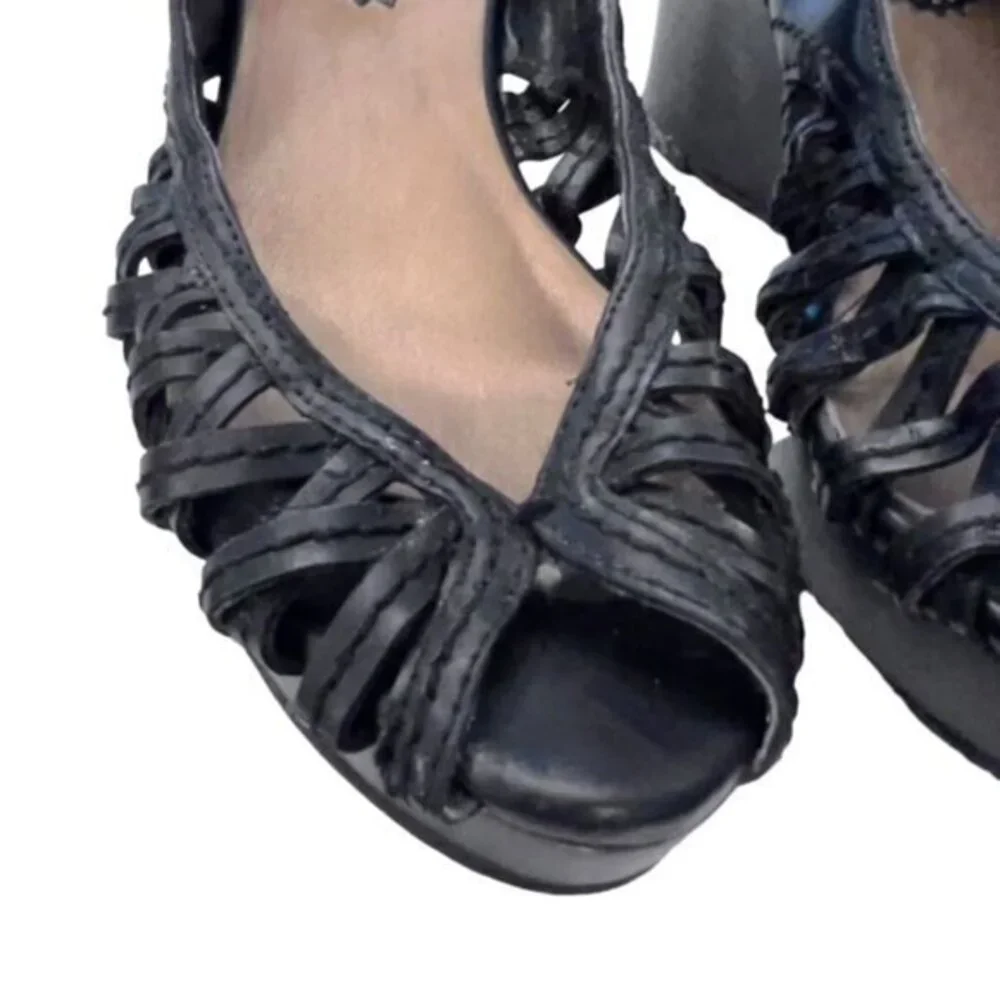 Nicole Black Woven Leather Slingback Wedge Sandals
